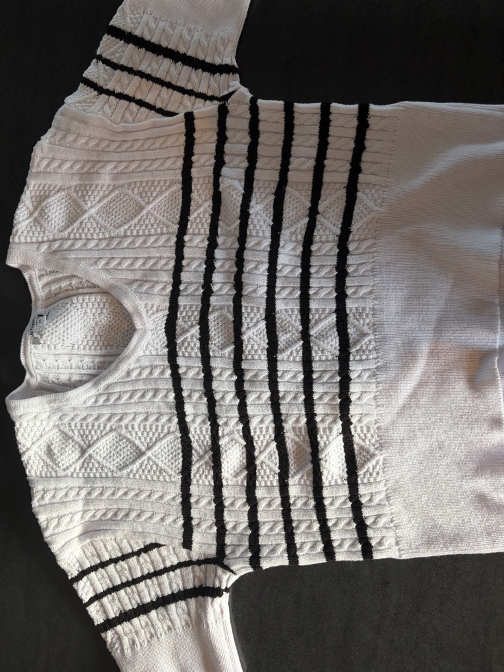 Women’s Cream V-Neck Cable Knit Sweater with Black Stripes